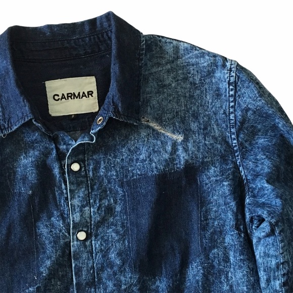 new LF Carmar ✶ Destroyed Denim Button Down BD Shirt ✶ Chambray Mineral Wash ✶ - Picture 6 of 16